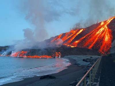 New lava flows reach the coast at Los Guirres beach in La Palma