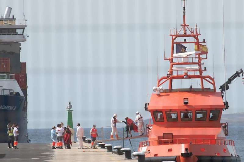 57 adults and 4 children rescued in a small inflatable boat off coast of the Canary Islands