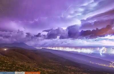 A stormy night on Teide produces images with dozens of lightning bolts