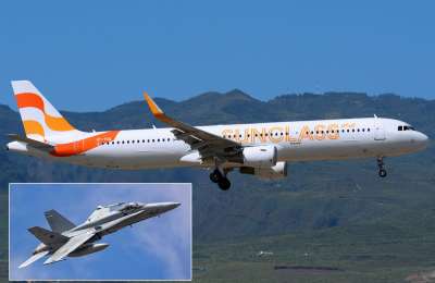 F-18 assists an Airbus with landing gear problems over the Canary Islands