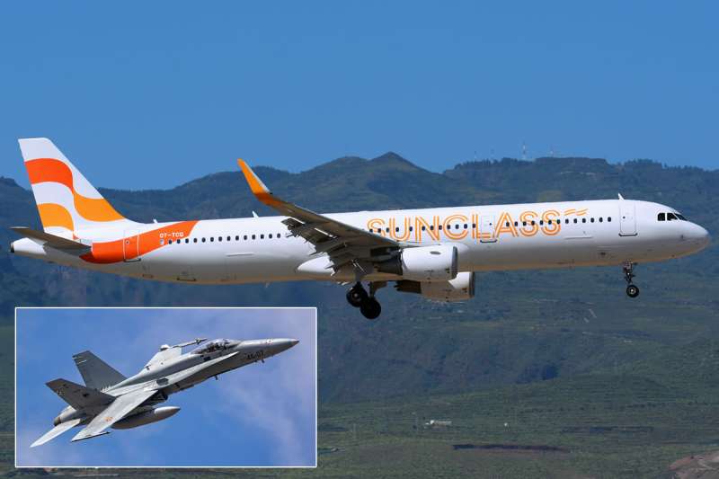 F-18 assists an Airbus with landing gear problems over the Canary Islands