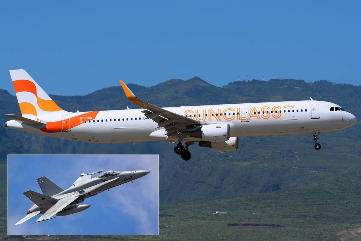 F-18 assists an Airbus with landing gear problems over the Canary Islands