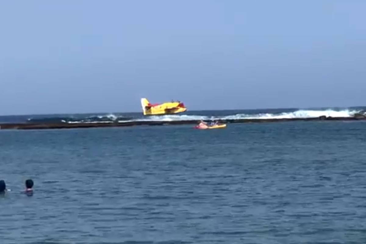 A seaplane surprises bathers and swimmers at Las Canteras beach