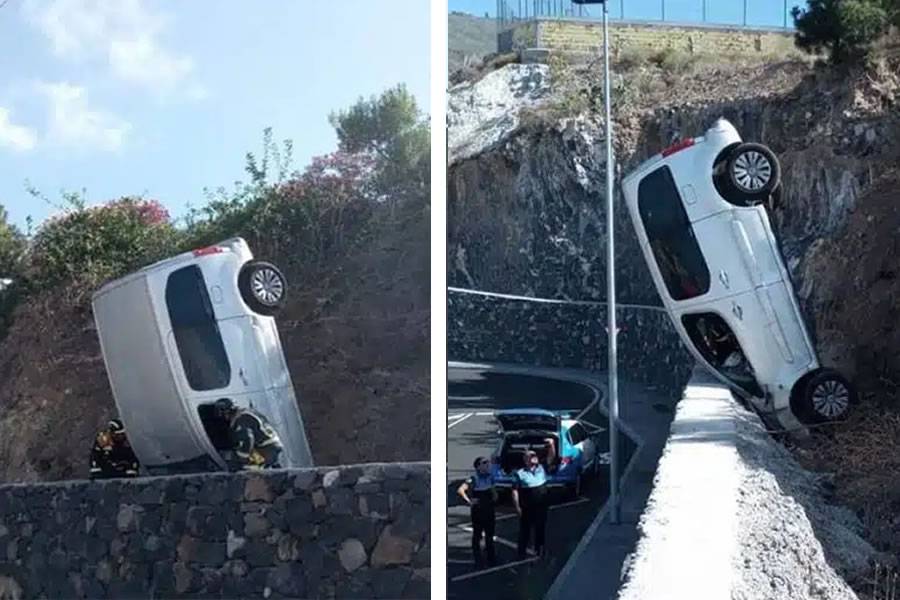 Driver loses control of his car which was left balancing vertically in a wall in Arona