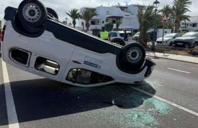Driver injured after car flips over in Costa Teguise