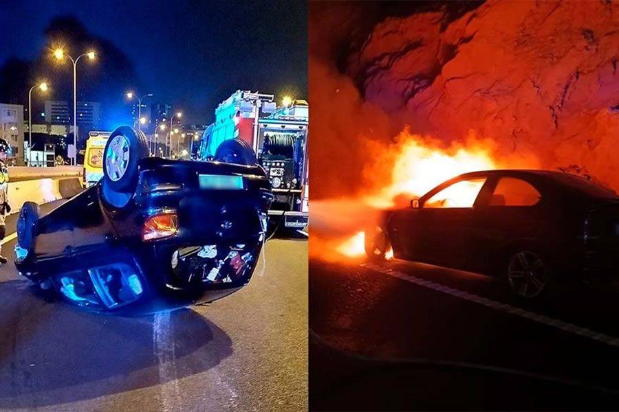 Car bursts into flames on the TF-1 motorway in Tenerife during busy night for firefighters